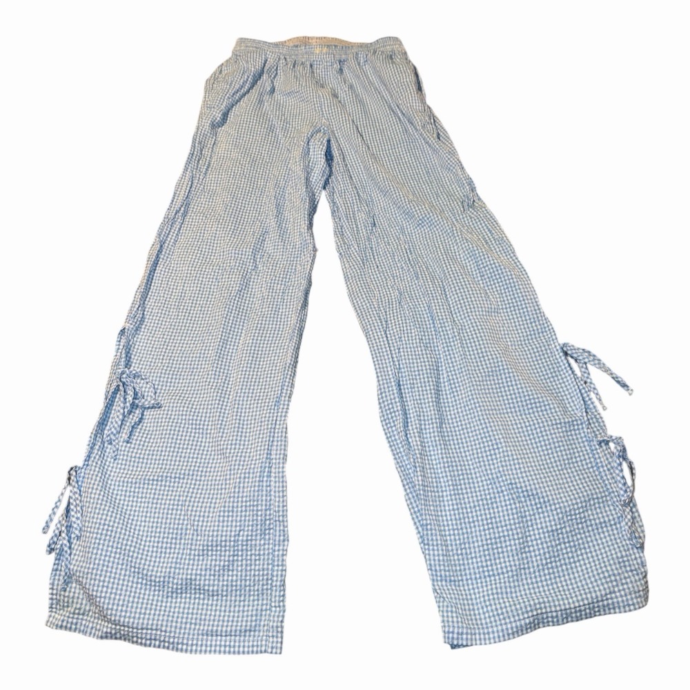 Aeire Seersucker Off Duty Loungewear Pants Blue & White Check Ties At Bottom XS